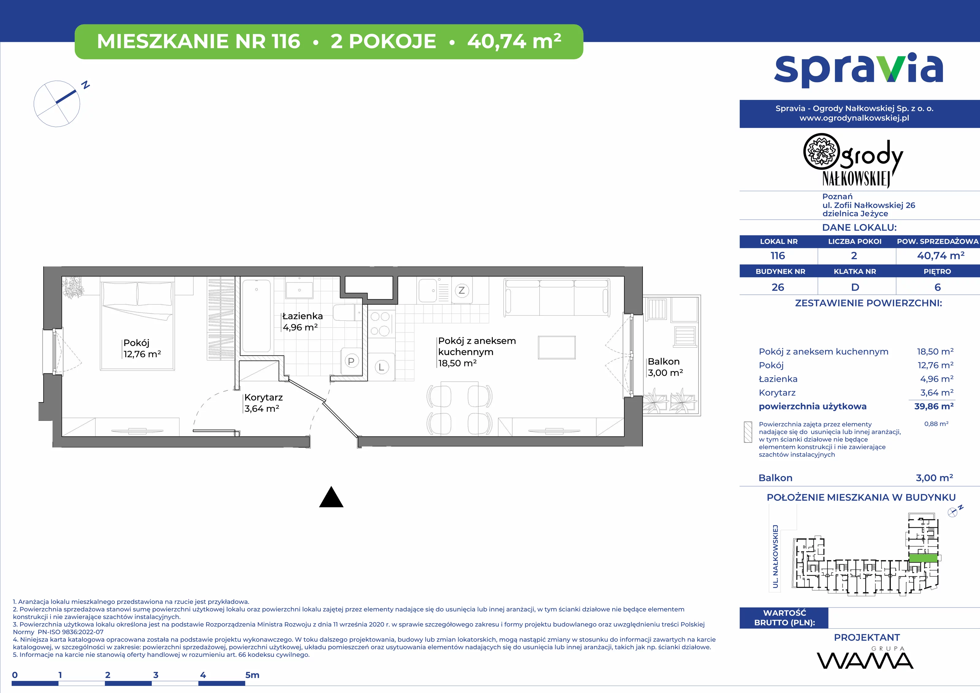 2 pokoje, mieszkanie 40,74 m², piętro 6, oferta nr 26-116, Ogrody Nałkowskiej, Poznań, Ogrody, ul. Nałkowskiej 24, 26